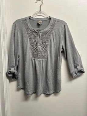 Como Vintage Heather Gray Crochet-Yoke Henley Top
